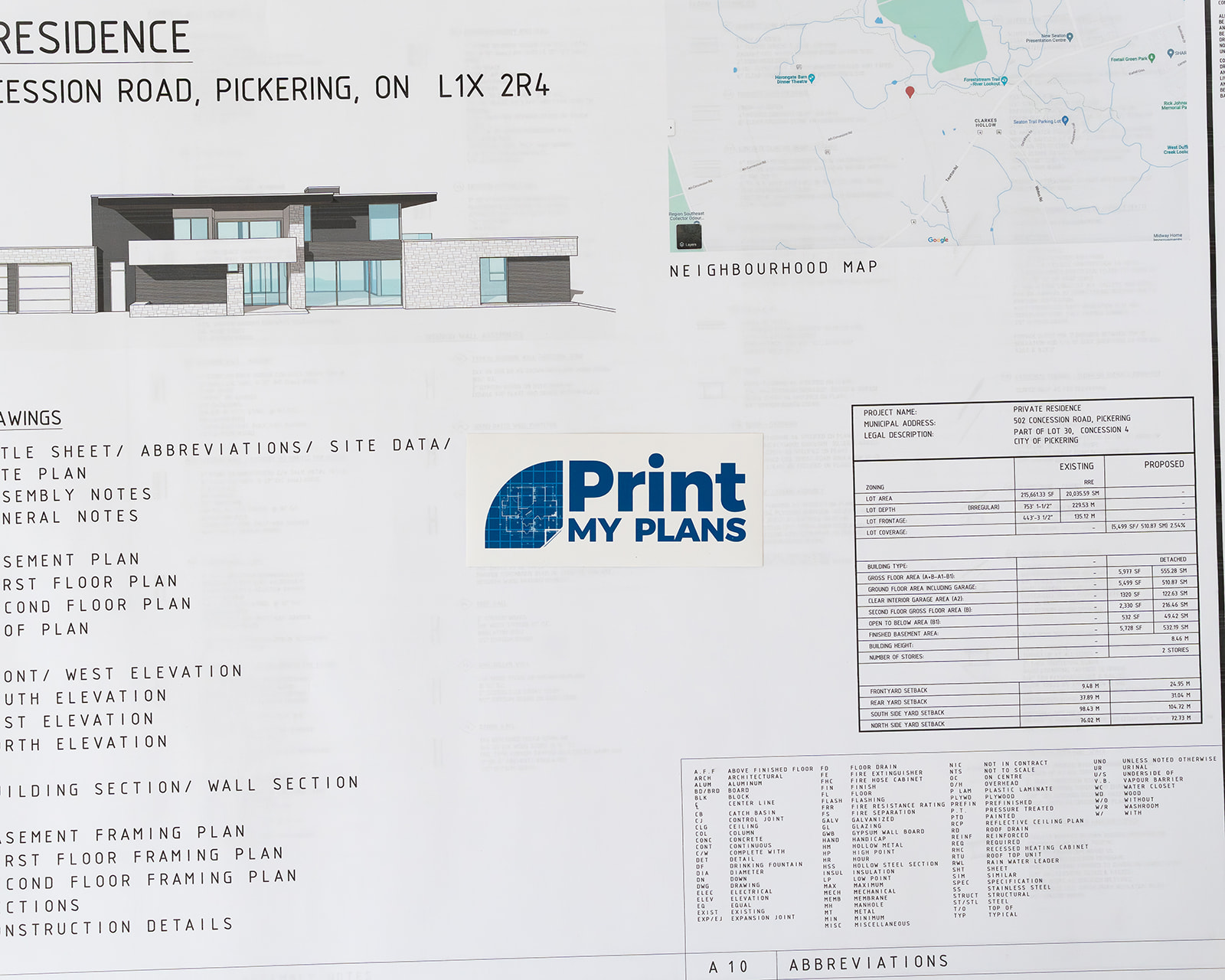 Printed architectural title sheet with site data