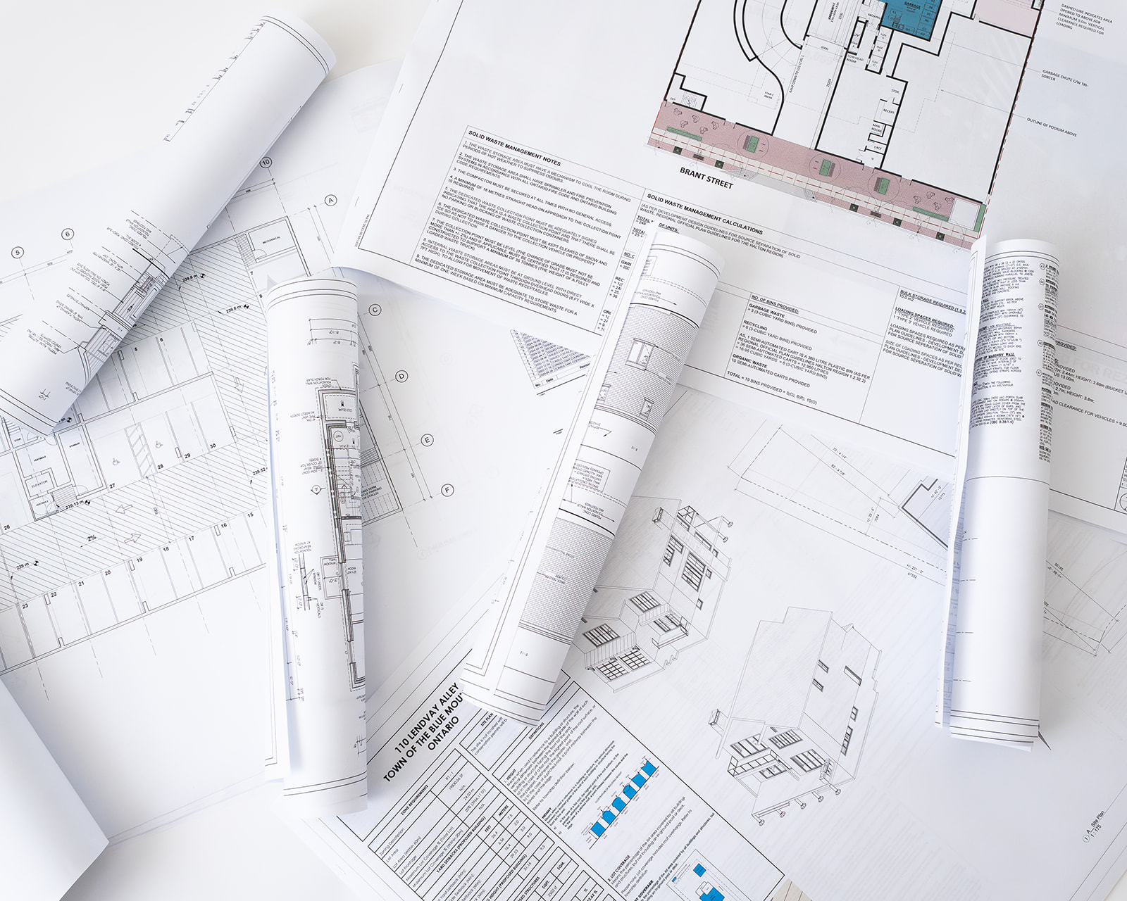Printed architectural plans and rolled drawings